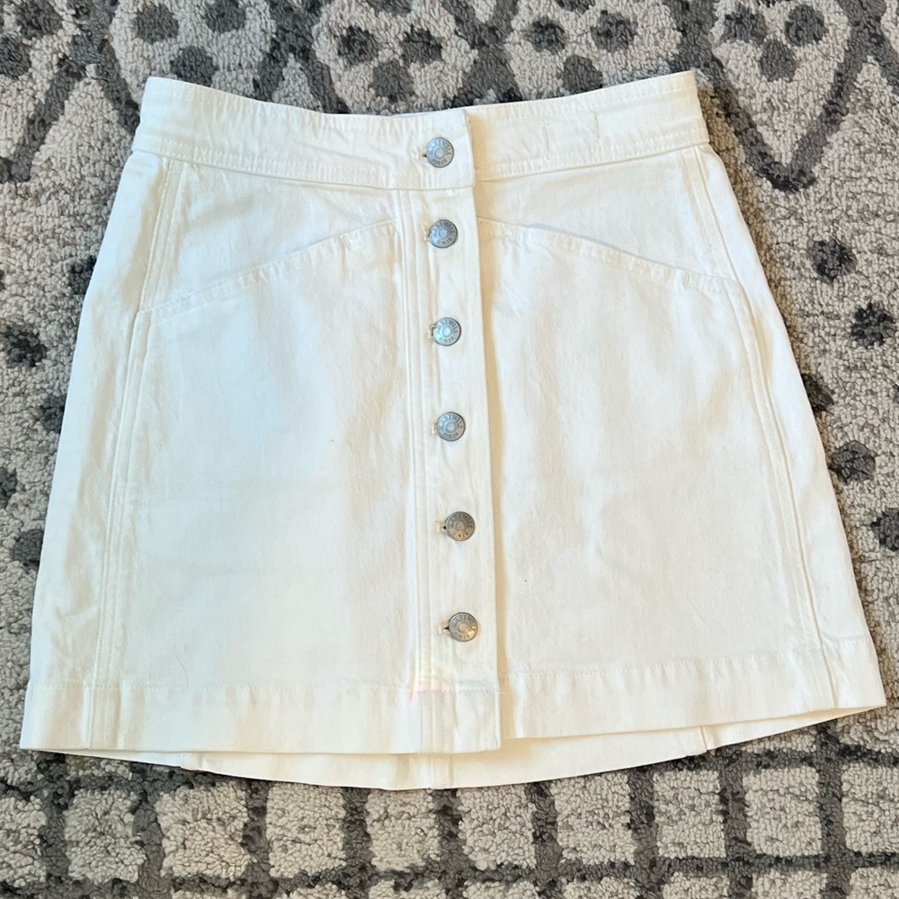 Madewell button front Aline white stretch denim mini skirt, size 0